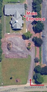 Overhead view of church building showing main entrance on the side